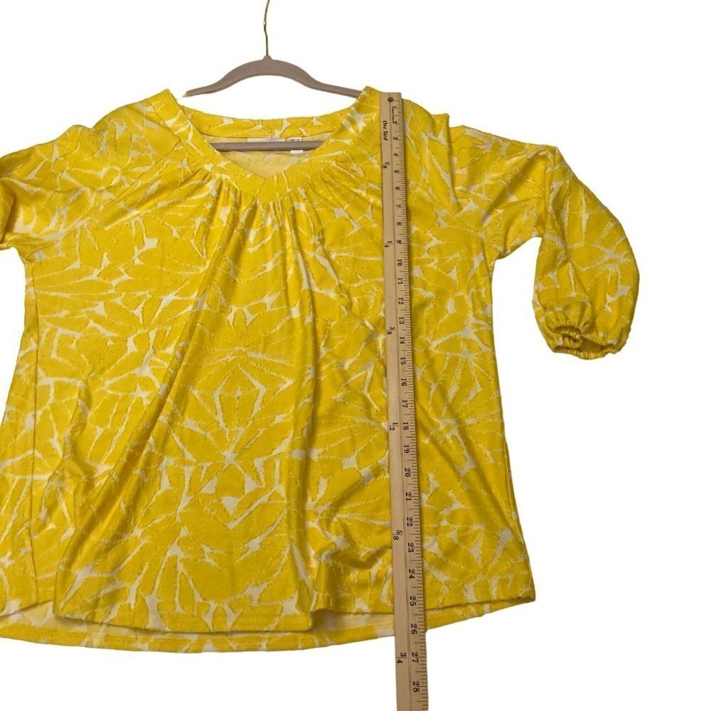 Susan Graver Sunny Yellow White Mixed Media Blouse V-Neck Elastic Cuff Sz L - Picture 8 of 9